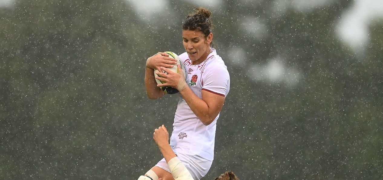 England captain Sarah Hunter catches a ball at a lineout during the 2021 Women's Rugby World Cup in New Zealand