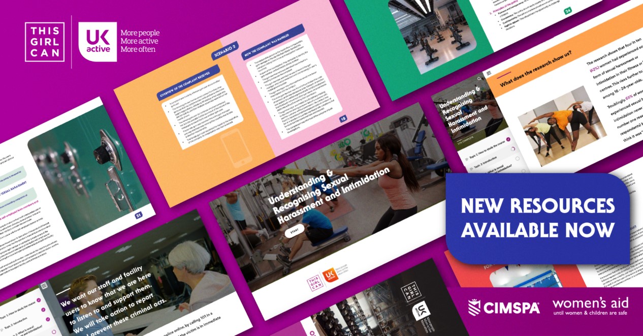 Graphic featuring screengrabs from the Safer Spaces to Move hub, the logos of This Girl Can, ukactive, CIMSPA and Women's Aid, and the text 'New resources available now'.