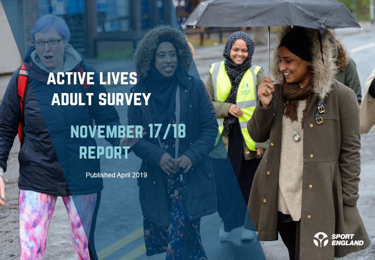 A group of women wearing winter coats walk with umbrellas. Overlaid text says 'Active Lives Adult Survey, November 17/18 report, Published April 2019'.