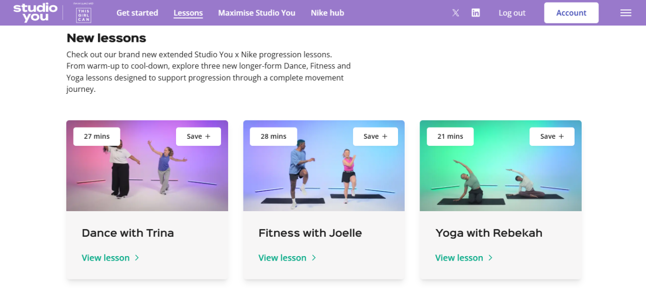 Screenshot of the Studio You v Nike hub homepage, showing thumbnails and descriptions of three PE video lessons in dance, fitness and yoga.
