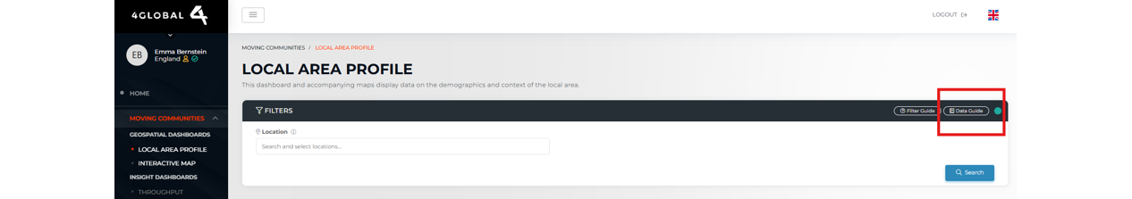 Screengrab of Local Area Profile page with data guide button highlighted.