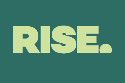 Rise logo with lime green writing over a darker green background.