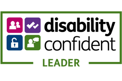Disability confident leader badge, with icons of an unlocked padlock, two ticks, two people and a person with a thought bubble above them