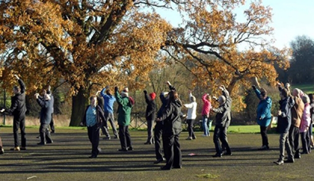 A group of people exercising on a park playground