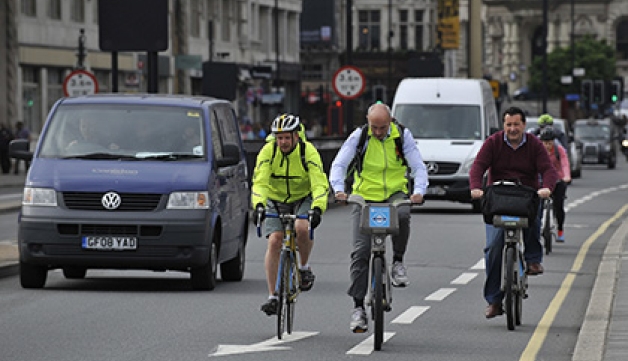 Cyclists using a bike lane in a city centre