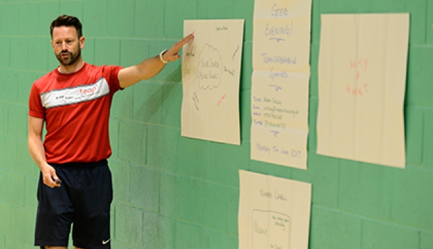 A man instructing a class, standing in front of a wall and pointing at sheets of paper on the wall.