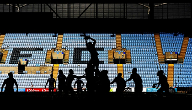 Empty stands at a Premiership Rugby game