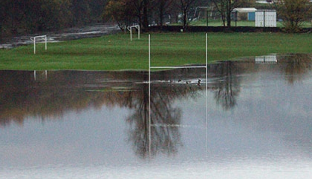 A flooded playing field.