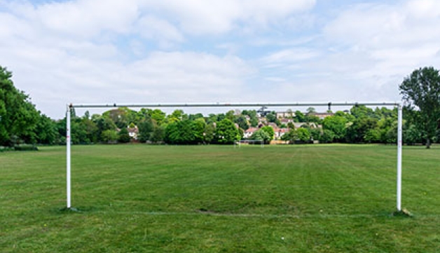 A sports playing field showing a football goal