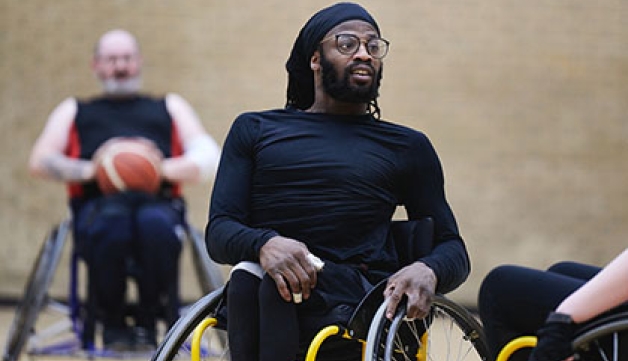 A wheelchair basketball player in action