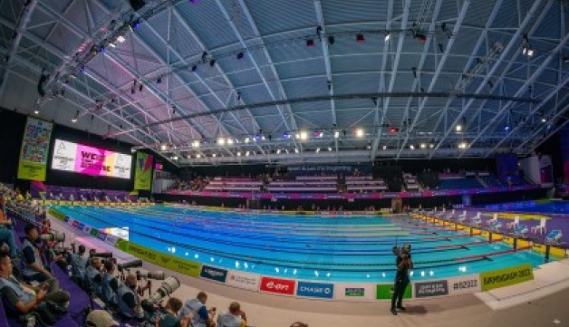 A fish-eye lens view of a crowd and swimming pool at the Sandwell Aquatics Centre during the 2022 Commonwealth Games in Birmingham.
