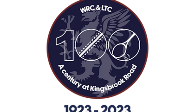 A logo to celebrate 100 years of Whalley Range Cricket and Lawn Tennis Club (1923-2023), with a griffin in the background, the '100' featuring a cricket ball and tennis racquet, and the text 'A century of Kingsbrook Road'.