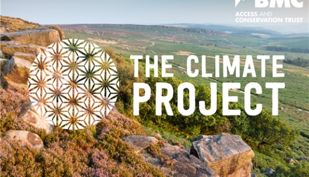 Moorland overlaid with the logo of The Climate Project, featuring an illustration of sphagnum moss, and the BMC logo