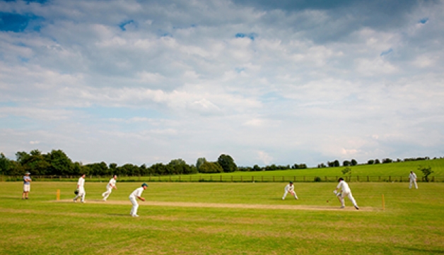 A game of cricket is played on a community playing field