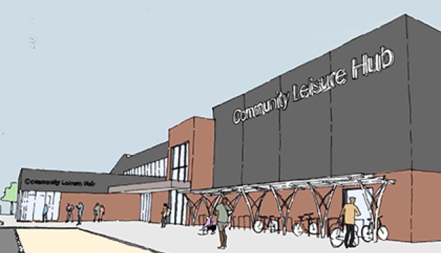 An illustration of a Community Leisure Hub - a large building with bike racks outside it