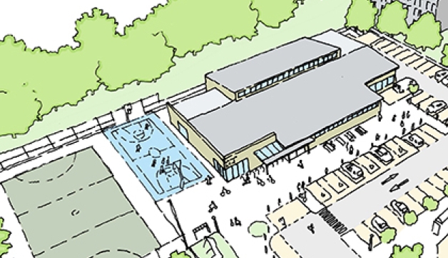 An illustrated scene of a local leisure centre, with a netball court, basketball court, parking spaces and planting outside.