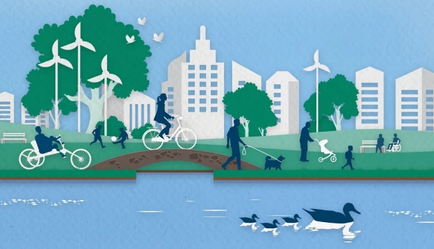 Front cover of Every Move, featuring illustrations of people being active in park, alongside wind farms and ducks on a river.