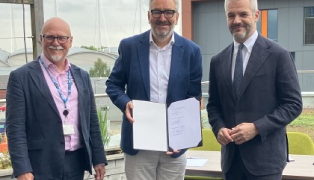 Sport England chief executive Tim Hollingsworth, South Yorkshire mayor Oliver Coppard, and South Yorkshire Integrated Care Board CEO Gavin Boyle stand with a signed memorandum of understanding.