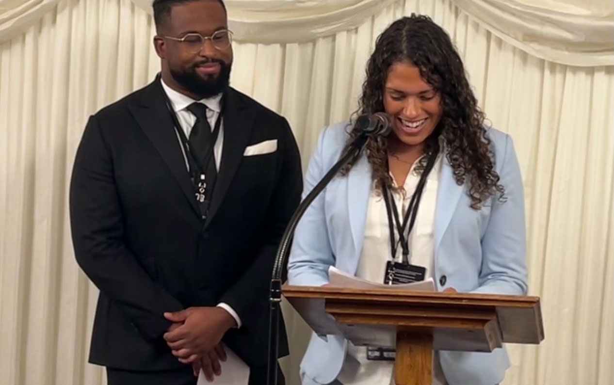 Garnet Mackinder addresses the audience during the launch event of the Rugby Black List in the House of Lords in London 