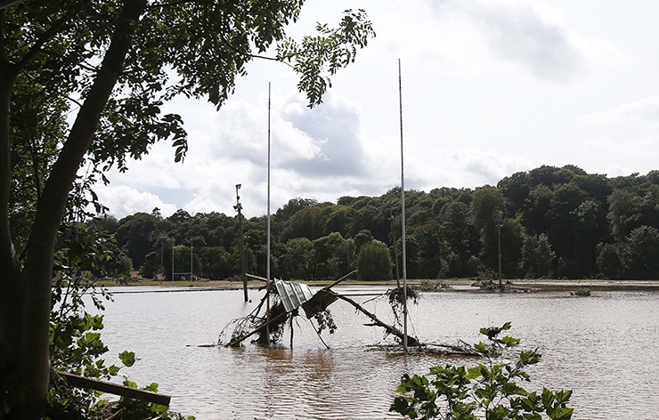 A flooded rugby field.