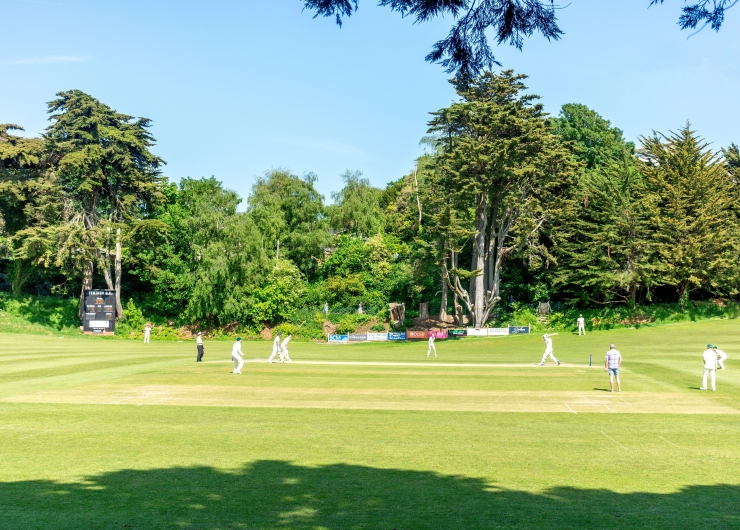 A club cricket match taking place against a backdrop of mature trees.
