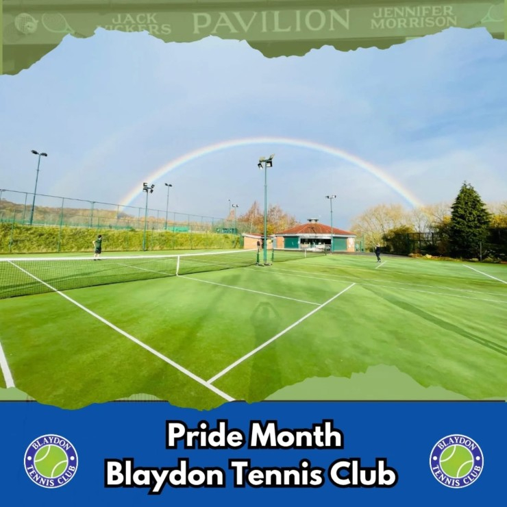 Aerial view of a rainbow arcing over a grass tennis court. Text says 'Pride Month - Blaydon Tennis Club'.