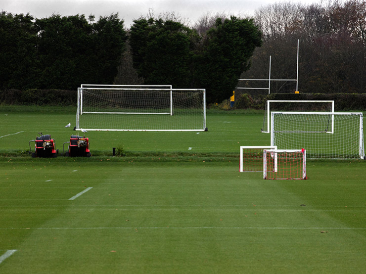 A general view of playing fields, with football pitches in the foreground and rugby pitches in the distance