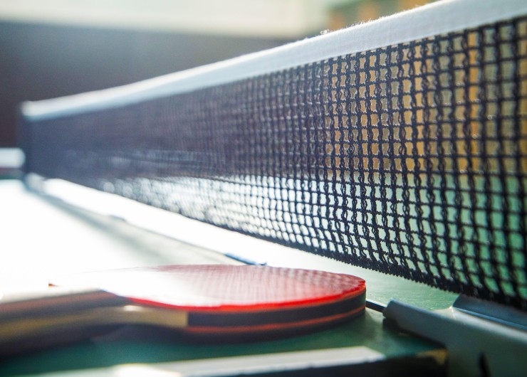 Close-up of a table tennis bat next to a net on a table.