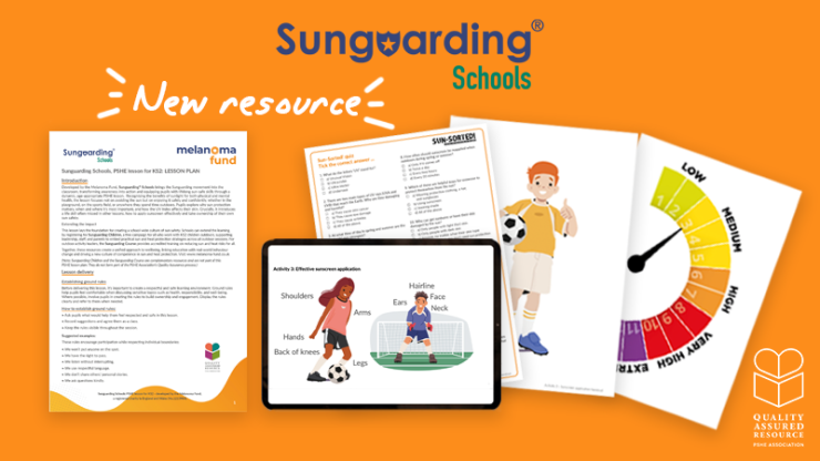 Advert for a Sunguarding Schools resource, featuring pages from a guide showing characters playing sport and a temperature chart.