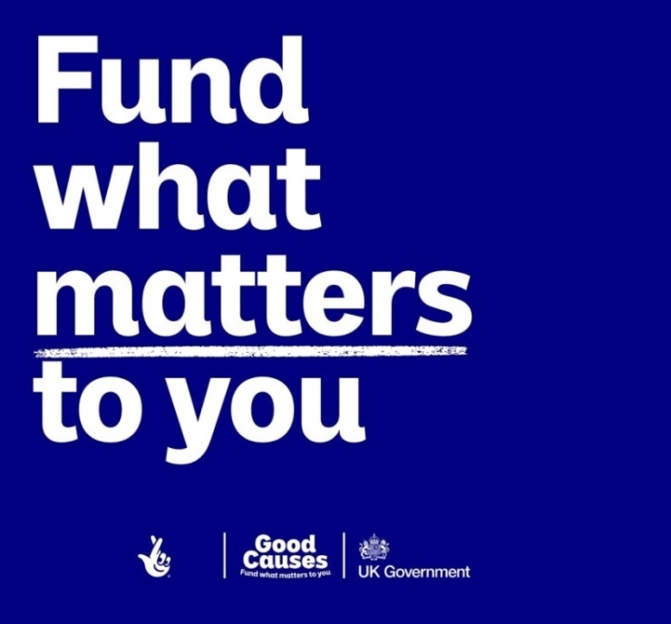 Blue square with Fund what mattters to you written on white copy and the National Lottery, Giid Causes and UK Government logos under it.