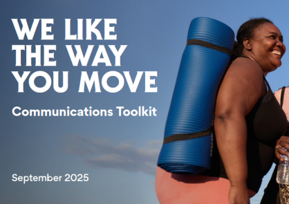 A woman poses with a yoga mat slung over her shoulder, with the words 'We like the way you move communications toolkit - September 2025 - also on the image in large font