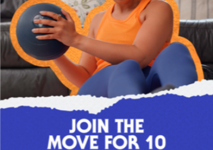 A This Girl Can, Move for 10 poster, focusing on a woman performing sit-ups with a medicine ball in her living room