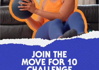A This Girl Can, Move for 10 poster, focusing on a woman performing sit-ups with a medicine ball in her living room